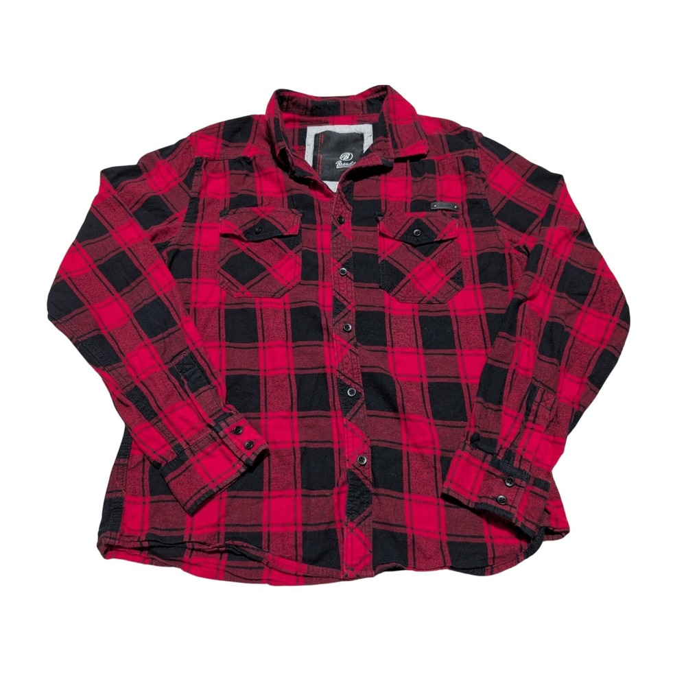 Brandit Mens Flannel Shirt Red Black Plaid Buffalo‎ Check Long Sleeve Cotton L